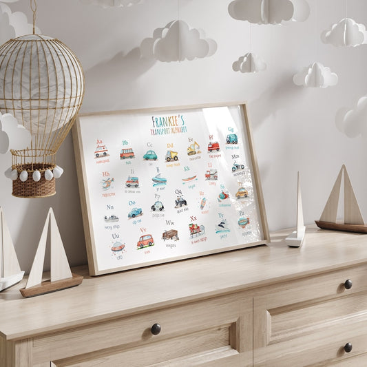Kids Vehicle Alphabet Print – Personalised Nursery Wall Art