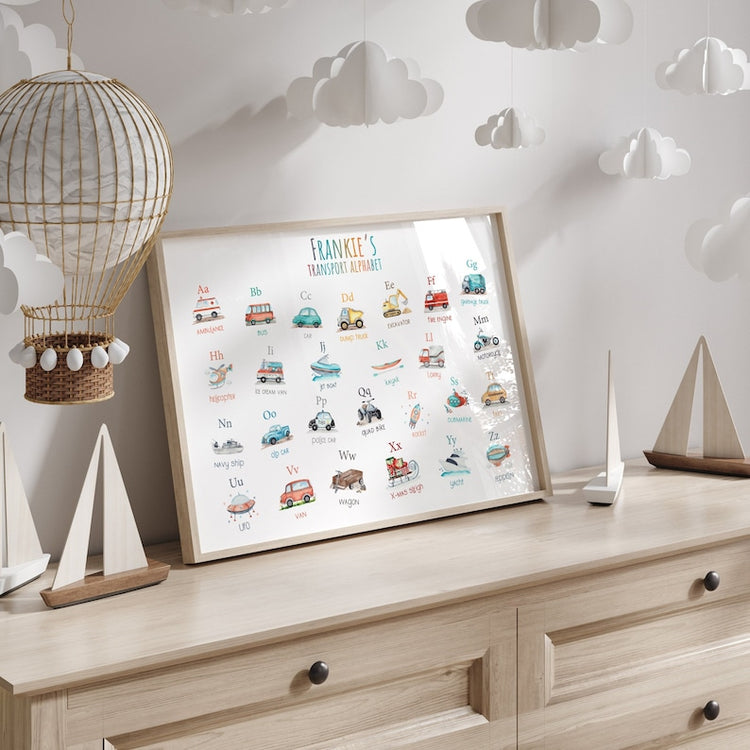 Kids Vehicle Alphabet Print – Personalised Nursery Wall Art