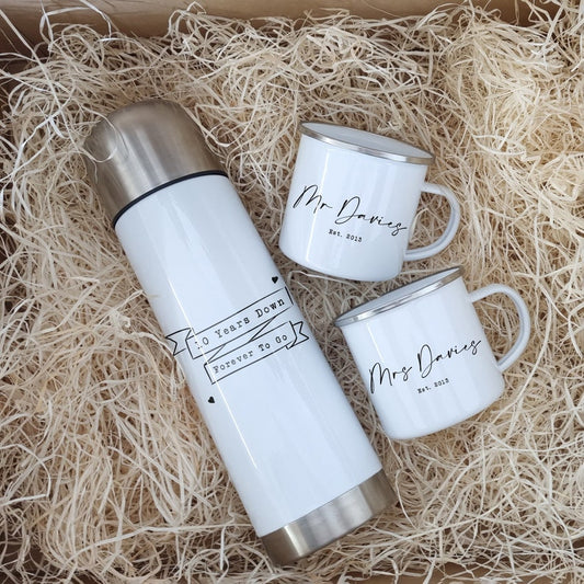 10 Year Anniversary Flask & Cup Set – Personalised Tin Years Gift