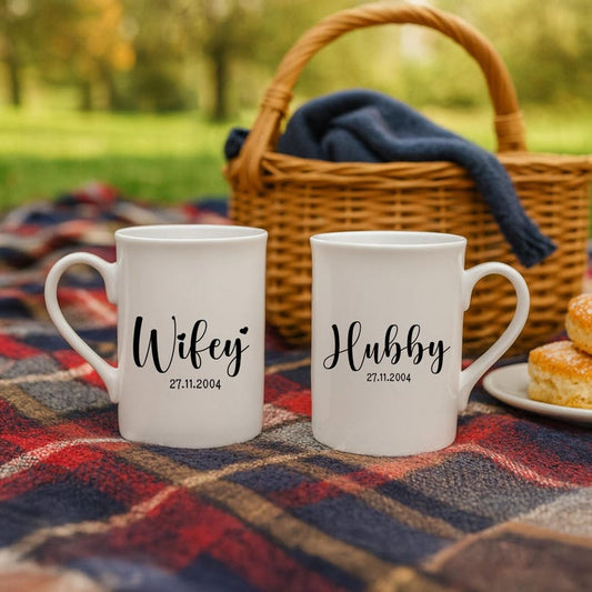 Wedding Gift, Mr Mrs Mugs, Hubby Wifey Custom Couple Coffee Mug Set, Engagement, Bride and Groom, Bone China Mug Set, Gift for the couple