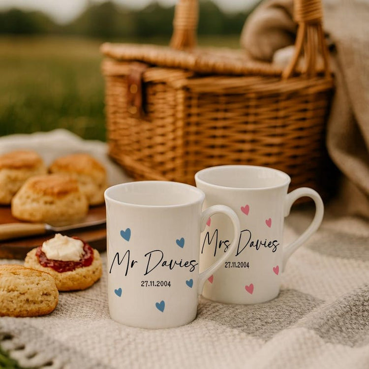 Mr & Mrs Wedding Mug, Personalised Love Heart, Couple Coffee Tea Mug Gifts, Bone China, Gift for the couple, 20 year anniversary mugs, Cups
