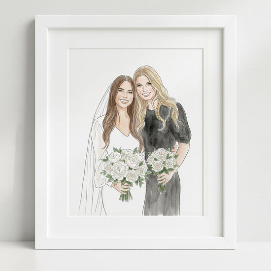 Custom Bride and Mother Portrait, Mother and Daughter Watercolor Drawing, Mother of Bride wedding gift, Portrait art mother of bride