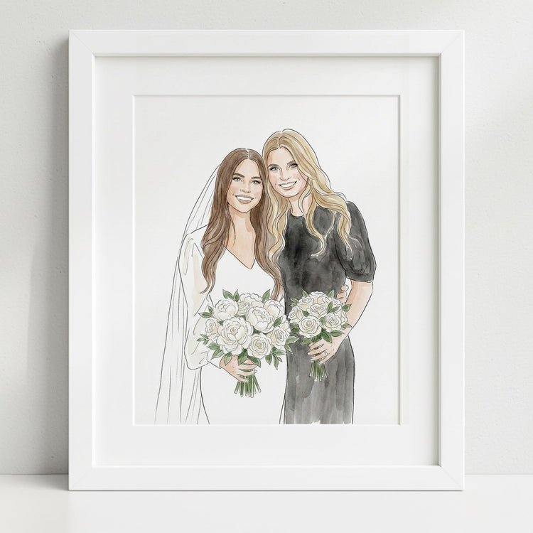 Custom Bride and Mother Portrait, Mother and Daughter Watercolor Drawing, Mother of Bride wedding gift, Portrait art mother of bride