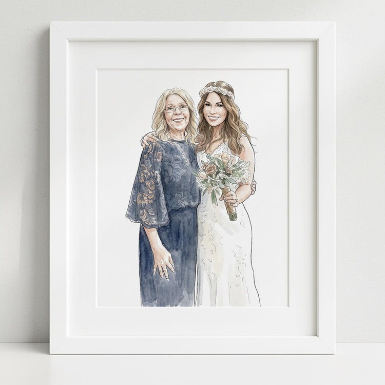 Custom Bride and Mother Portrait, Mother and Daughter Watercolor Drawing, Mother of Bride wedding gift, Portrait art mother of bride