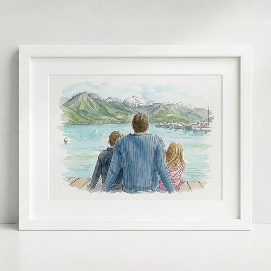 Custom Hand-Drawn Family Portrait, Watercolor Style, Father's Day Gift