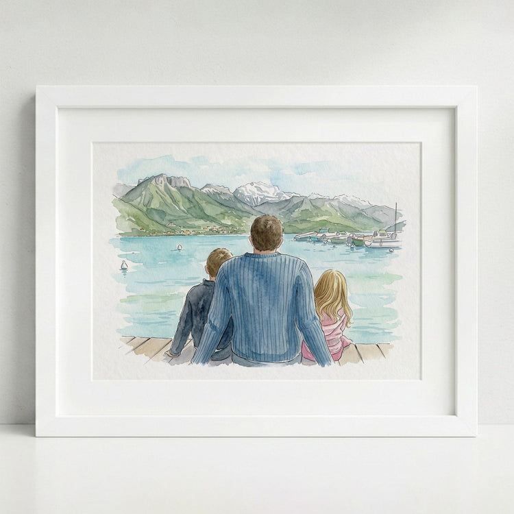 Custom Hand-Drawn Family Portrait, Watercolor Style, Father's Day Gift