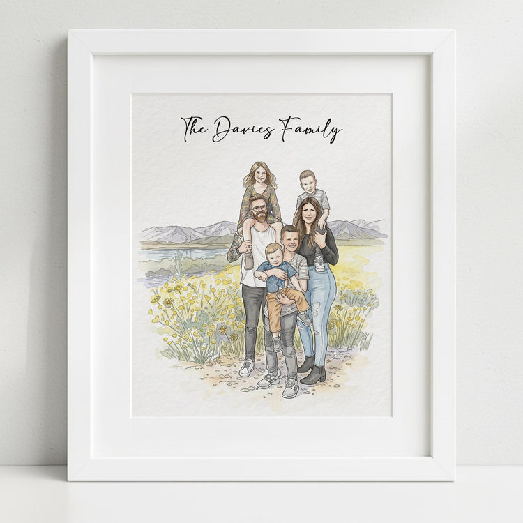 Custom Hand-Drawn Family Portrait, Watercolor Style, Father's Day Gift